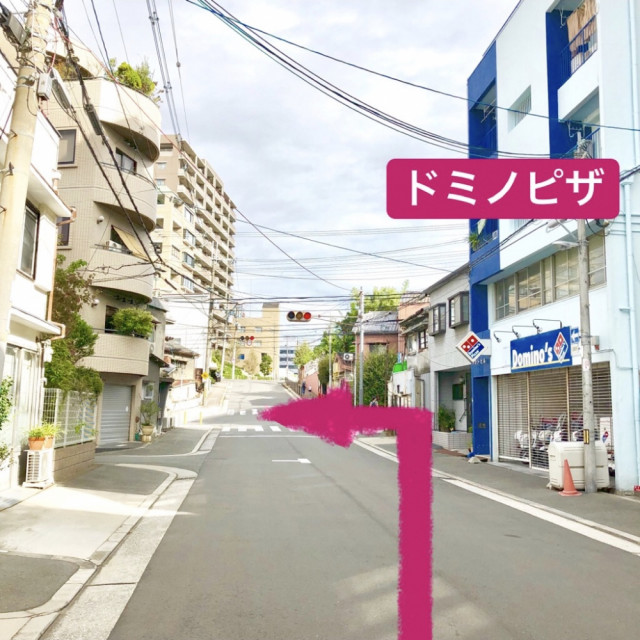 『ドミノピザ』が見えてきます。すぐの信号を左へ曲がります。